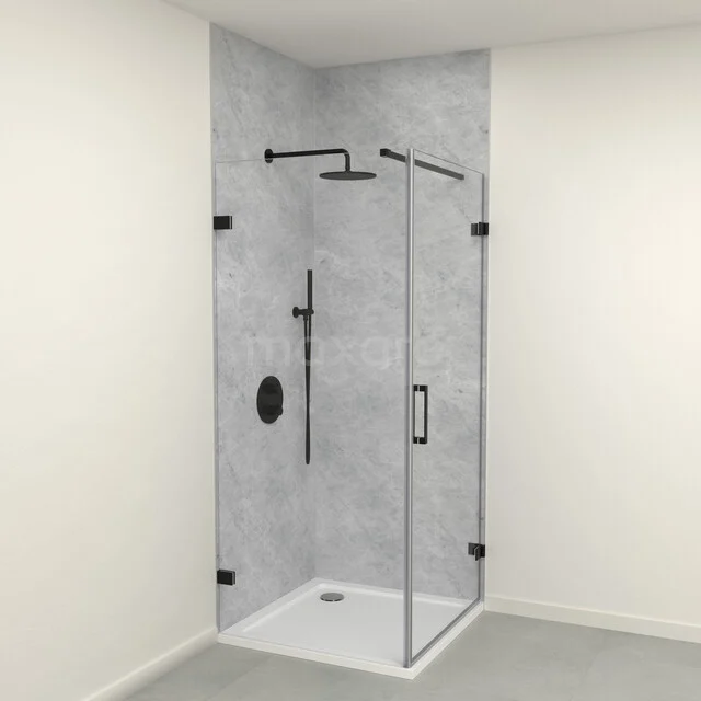 SPC wall panel set | 90x90x260 cm | Tundra light grey WP01-2609-14-01 Moderne glazen douchecabine met zwart metalen accenten en regendouche, perfect voor een stijlvolle badkamerinrichting.