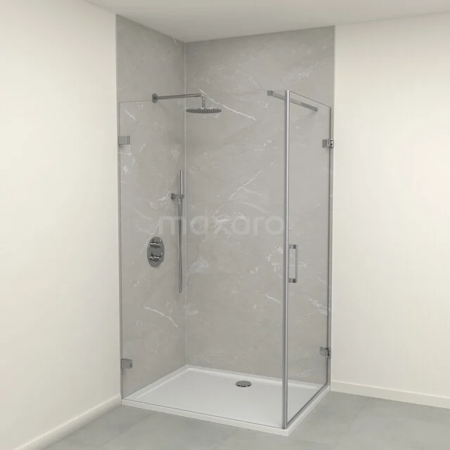 SPC wall panel set | 90x120x260 cm | Grey marble WP01-2609-06-02 Moderne glazen douchewand met een luxe bovenwanddouche en een grijze tegelafwerking in de badkamer.