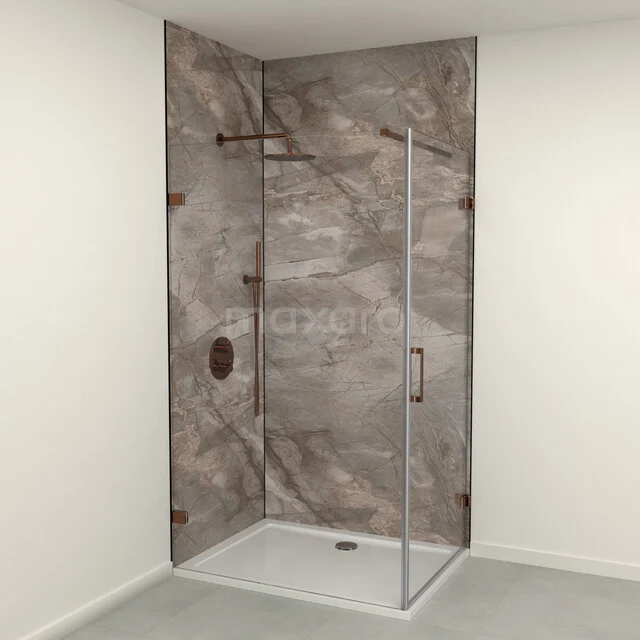SPC wandpanelen set | 90x120x260 cm | Caffè marmer WP01-2609-09-02 Moderne douchecabine met mat glazen deur en luxe steenlook wanden, perfect voor een stijlvolle badkamer.