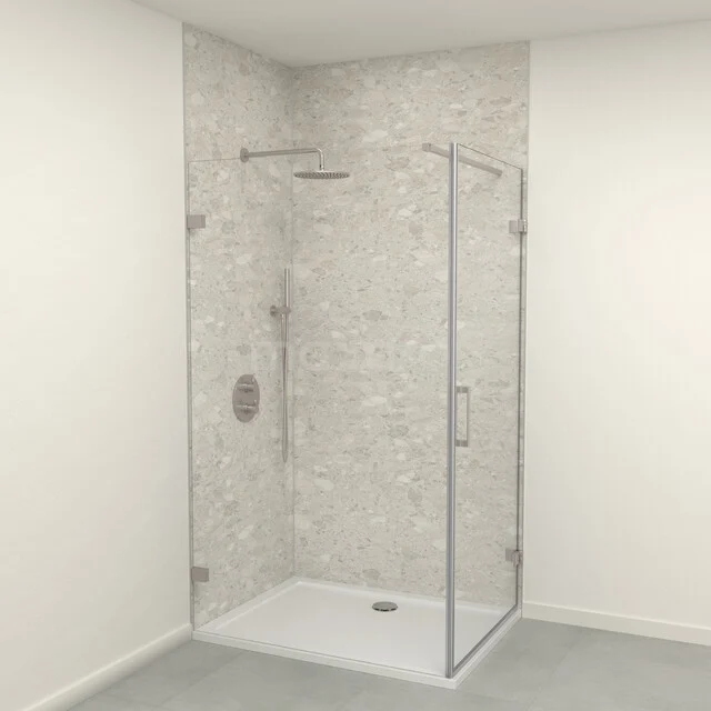 SPC wall panel set | 90x120x260 cm | Ceppo di gré light grey WP01-2609-10-02 Moderne douchecabine met glazen wanden en minimalistisch design, perfect voor een stijlvol badkamerinterieur.