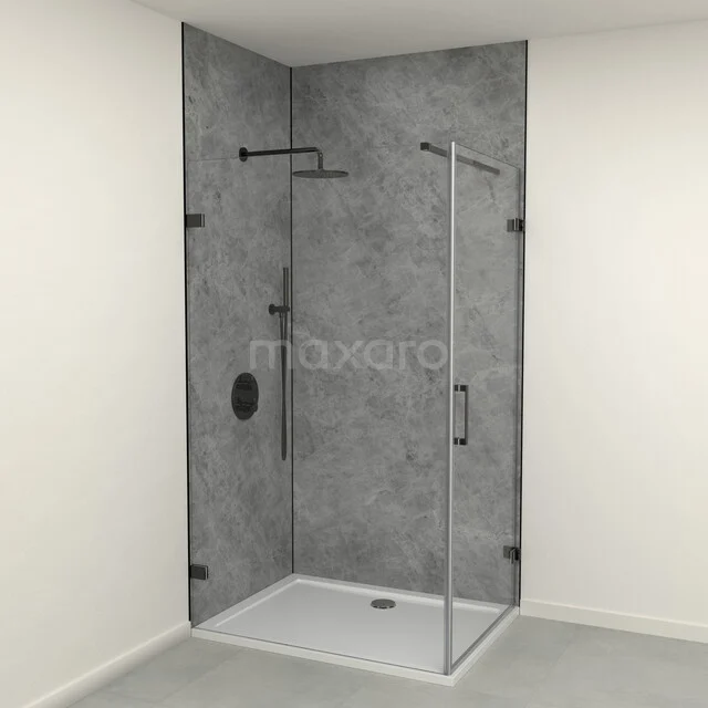 Moderne douchecabine met grijze betonlook wanden en glazen deur, perfect voor een stijlvolle badkamer.