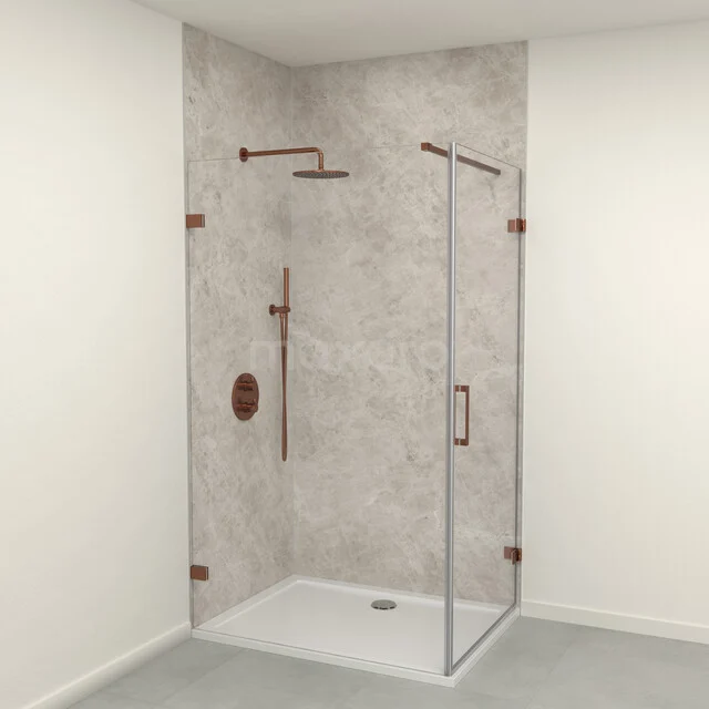 SPC wandpanelen set | 90x120x260 cm | Tundra greige WP01-2609-13-02 Stijlvolle inloopdouche met glazen wand en modern bronzen beslag, perfect voor een luxe badkamer.