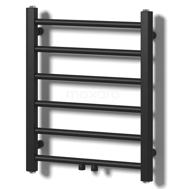 Vega Handdoekradiator | 50x60 cm Mat zwart 569 W att Staal Centrale verwarming DR70-0506MBN Zwarte handdoekradiator met zes horizontale buizen, perfect voor een moderne badkamer.