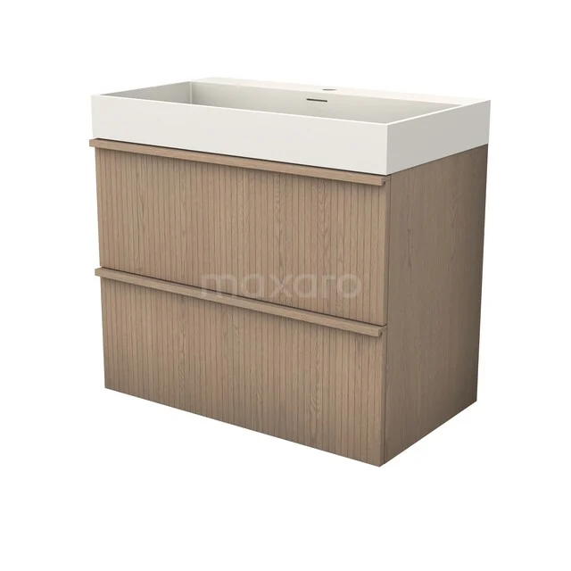 Modulo Plus Badkamermeubel met wastafel | 80 cm Naturel eik Ribbel front Solid surface 2 lades onder elkaar BMW47-00024