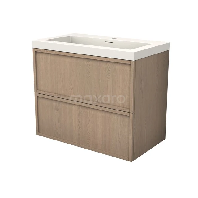 Modulo Plus Badkamermeubel met wastafel | 80 cm Naturel eik Frame front Solid surface 2 lades onder elkaar BMW47-00053