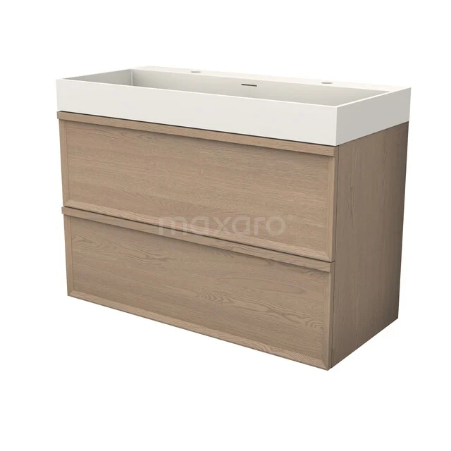 Modulo Plus Badkamermeubel met wastafel | 100 cm Naturel eik Facet front Solid surface 2 lades onder elkaar BMW47-00135 Modulo Plus Badkamermeubel met wastafel | 100 cm Naturel eik Facet front Solid surface 2 lades onder elkaar BMW47-00135