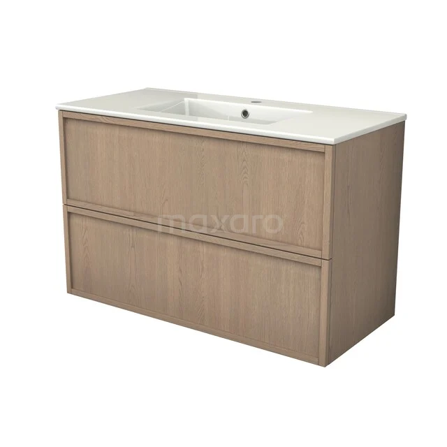 Modulo Plus Badkamermeubel met wastafel | 100 cm Naturel eik Frame front Keramiek 2 lades onder elkaar BMW47-00144