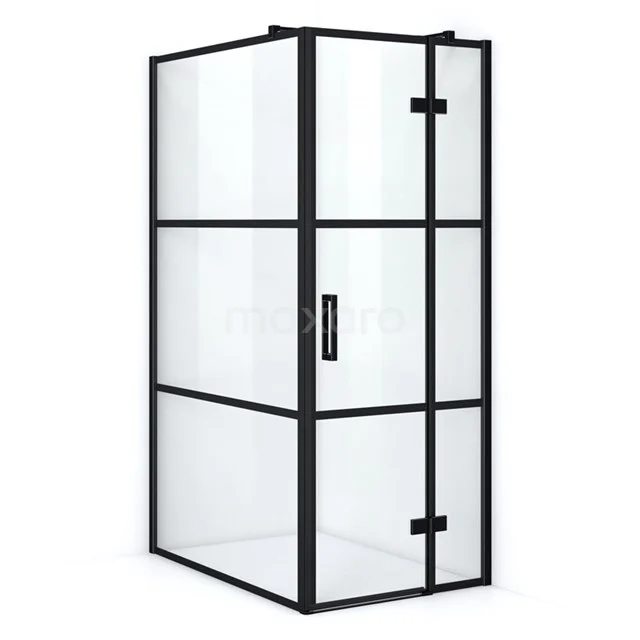Quadratische Duschkabine mit schwarzem Rahmen, Glaswänden und Türen, ideal für einen modernen Badezimmerstil.