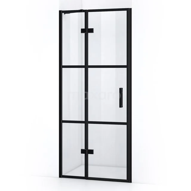 Pearl Duschtür | 80 cm Matt Schwarz Klar mit 4 schwarzen Streifen Drehtür WPB53118M Schwarze industrielle Duschtür mit Glas und Metallrahmen, ideal für einen modernen Badezimmerstil.