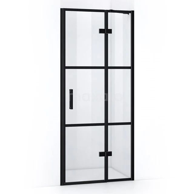Pearl Shower door | 80 cm Matte black Clear with 4 black stripes Pivot door WPB53128M Shower door with black aluminium frame, industrial look, clear glass; perfect for a modern bathroom style.