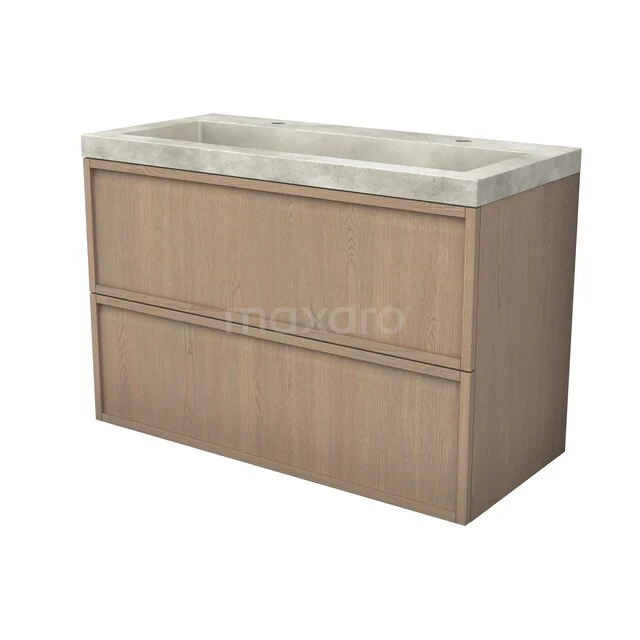 Modulo Plus Badkamermeubel met wastafel | 100 cm Naturel eik Frame front Beton 2 lades onder elkaar BMW47-00158