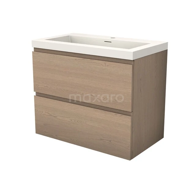 Modulo Plus Badkamermeubel met wastafel | 80 cm Naturel eik Greeploos front Solid surface 2 lades onder elkaar BMW47-00005