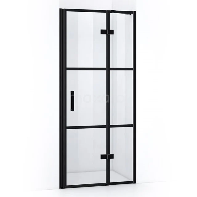 Stilvolle schwarze Stahl-Duschtür mit Klarglas, industrielles Design, perfekt für ein modernes Badezimmer.