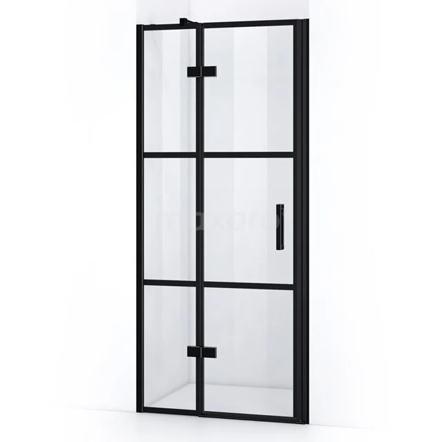 Black industrial shower door with clear glass, metal frame and hinges, ideal for a modern bathroom.