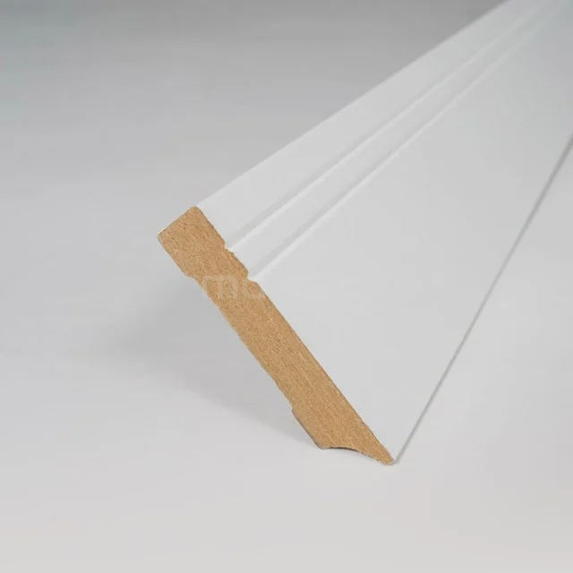 White moisture-resistant MDF skirting board, ideal for sleek bathroom finishes, with stylish grooves and a durable core.