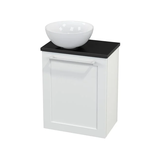 White bathroom unit with black top and round white ceramic countertop wash basin; compact and modern design for small bathrooms.