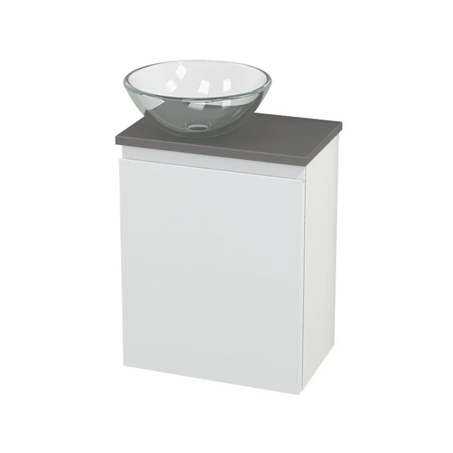 White Bathroom unit with grey worktop and glass basin, compact design ideal for modern bathrooms.
