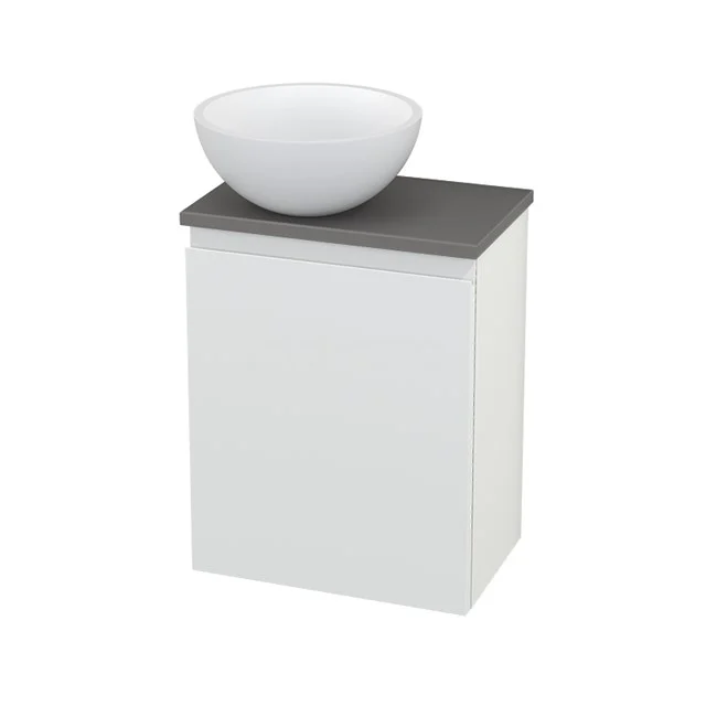 White bathroom unit with grey worktop and round ceramic countertop wash basin, modern design for practical bathroom fittings.