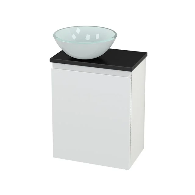Toilet unit with Countertop wash basin Glass Modulo+ Pico Matte white 41cm BMC000212 White bathroom cabinet with black worktop and glass countertop basin, modern design, ideal for compact bathrooms.