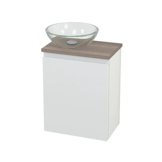 White bathroom unit with wood-look worktop and vanity units with basin, compact design ideal for modern bathrooms.