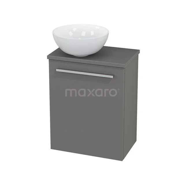 Grey bathroom cabinet with countertop wash basin, modern design, wooden finish, ideal for compact bathrooms.