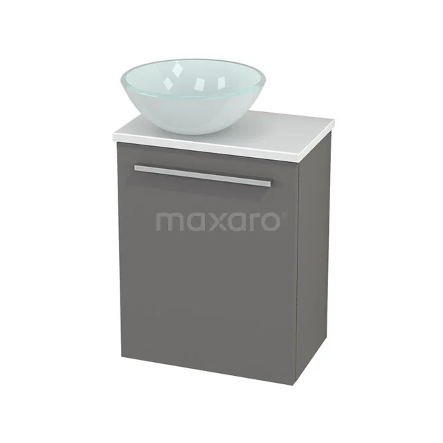 Grey bathroom cabinet with frosted glass countertop wash basin, modern design, ideal for compact bathrooms.