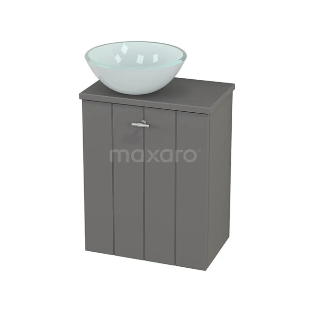 Grey bathroom unit with glass top washbasin, minimalist design and storage space, perfect for modern bathrooms.