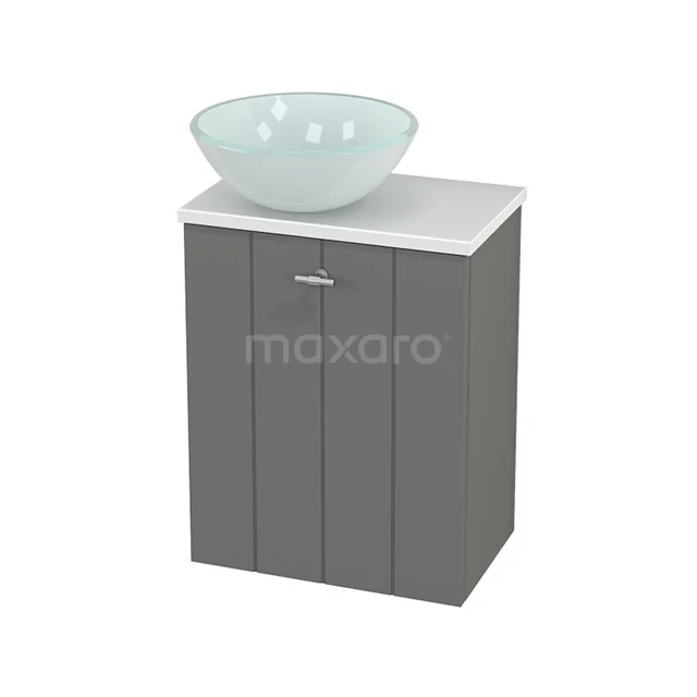 Grey bathroom cabinet with minimalist design, ceramic countertop wash basin and white top, perfect for a modern bathroom style.