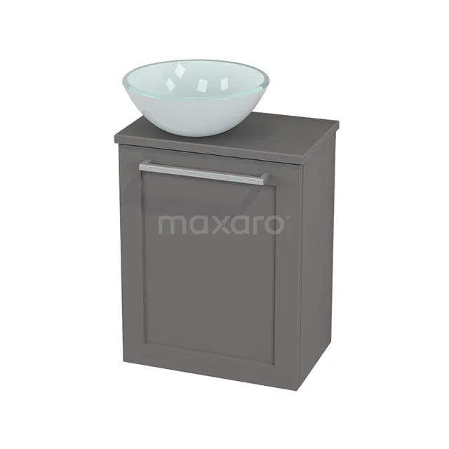 Grey bathroom cabinet with soft-close door and white, ceramic countertop basin; modern design for compact bathrooms.