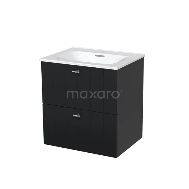 Modulo Bathroom furniture with sink | 60 cm Matte black Slat front Ceramic 2 Stacked drawers BMW17-00016 Black basin with ceramic worktop, two drawers and sleek design; ideal for modern bathroom design.