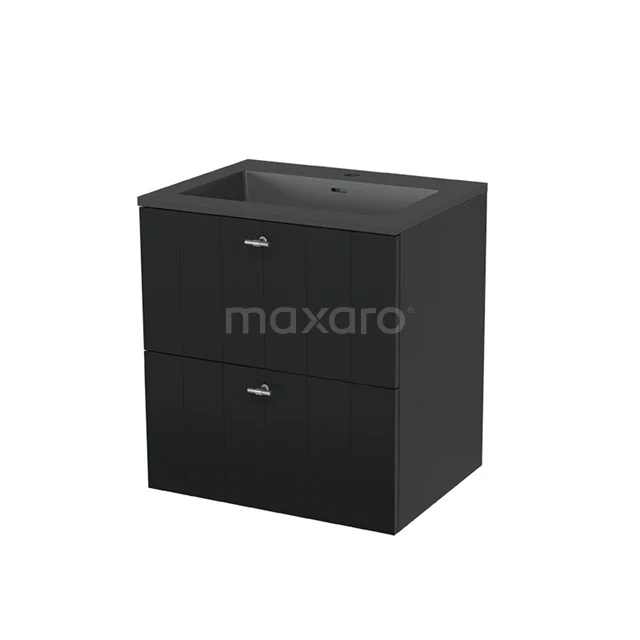 Modulo Vanity units with basin | 60 cm Matte black Slat front Quartz 2 Stacked drawers BMW17-00022 Black bathroom furniture set with two drawers and integrated sink, modern design and matte finish for sleek interiors.