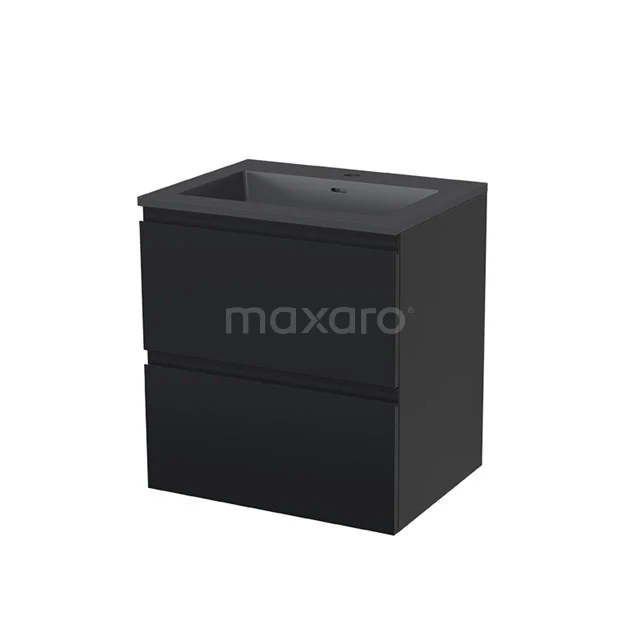 Black bathroom unit with two drawers, modern design, compact shape, fitted with ceramic basin worktop.