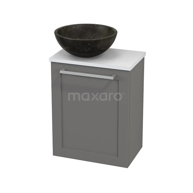 Grey vanity set with black natural stone countertop wash basin, white worktop and modern handle, perfect for a stylish bathroom.