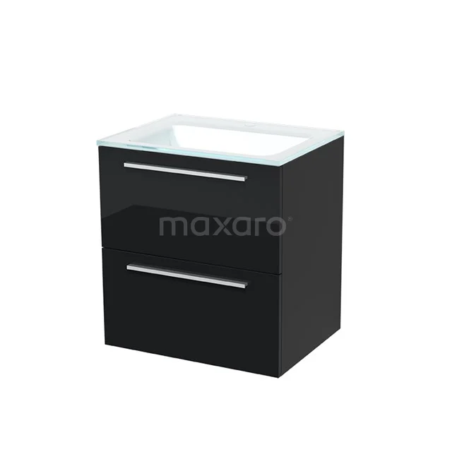 Modulo Bathroom furniture with sink | 60 cm High-gloss black Flat front Glass 2 Stacked drawers BMW17-00073 Black bathroom unit with glossy finish, double drawers and integrated vanity units with basin, ideal for a modern bathroom style.