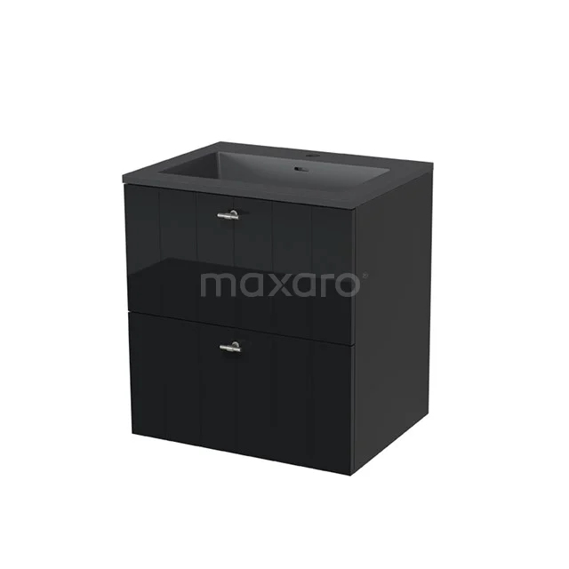 Modulo Bathroom furniture with sink | 60 cm High-gloss black Slat front Quartz 2 Stacked drawers BMW17-00088 Black bathroom unit with two drawers, glossy finish, compact design, ideal for modern bathrooms.