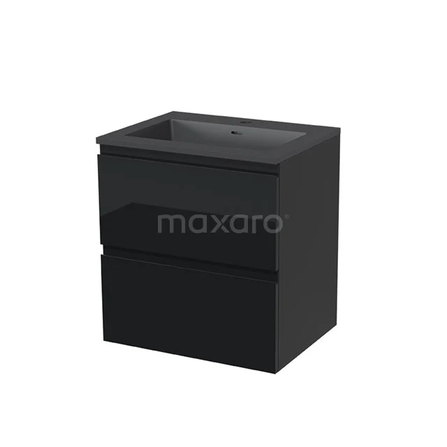 Black bathroom furniture set with modern design, glossy finish and two drawers, ideal for stylish bathroom storage.
