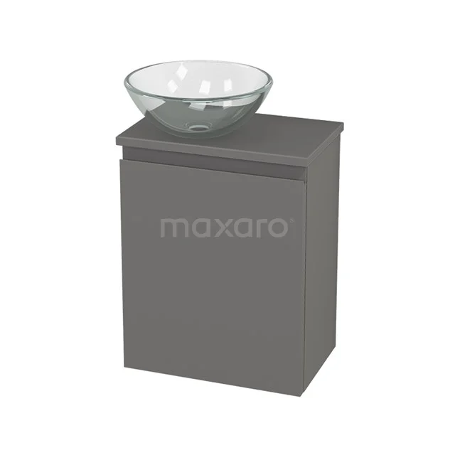 Grey bathroom unit with glass basin bowl, sleek design and compact size, perfect for a modern bathroom style.