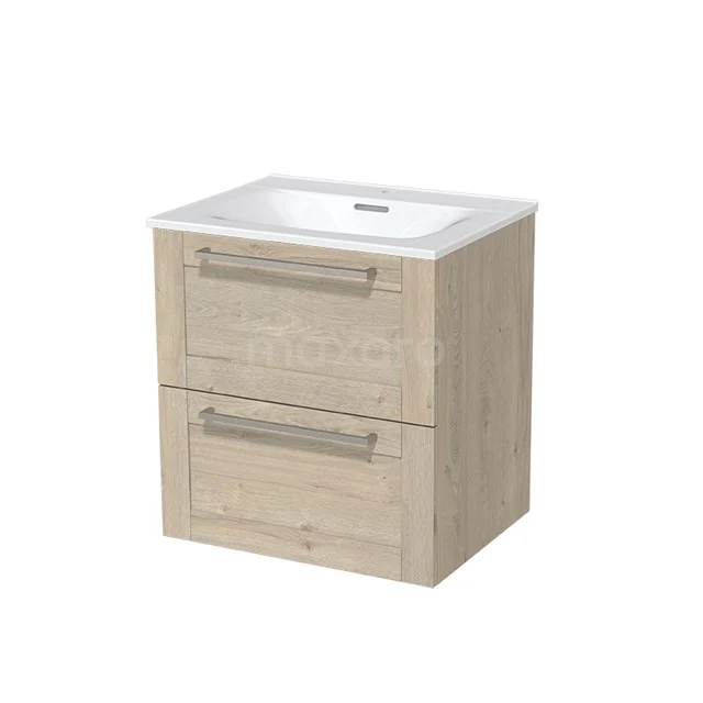 Wooden bathroom unit with two drawers, light oak finish and ceramic basin. Perfect for modern and compact bathrooms.