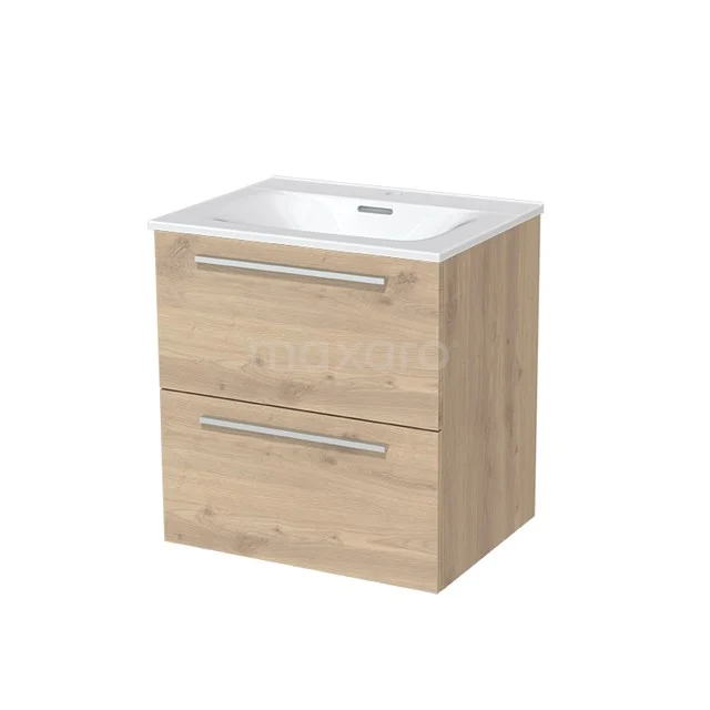 Modulo Bathroom furniture with sink | 60 cm Light brown oak Flat front Ceramic 2 Stacked drawers BMW17-00126 Wooden Bathroom unit with two drawers, light oak colour, integrated white basin, sleek design for modern bathrooms.