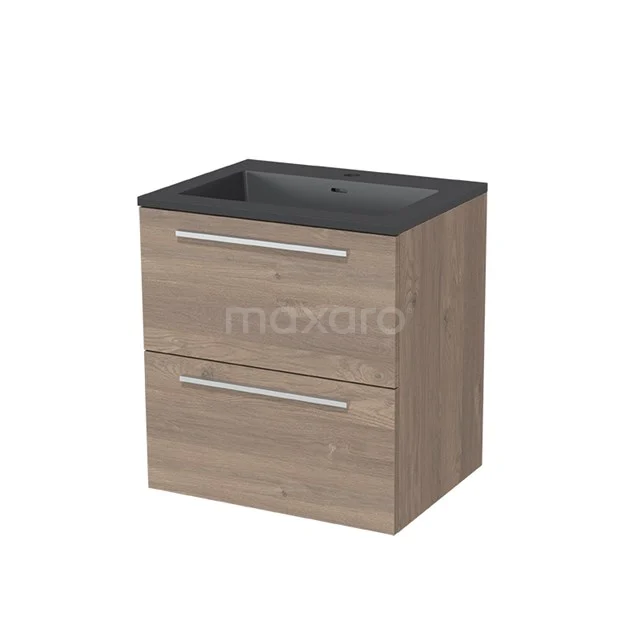 Modulo Waschtische | 60 cm Mittelbraune Eiche Flach front Quarz 2 übereinanderliegende Schubladen BMW17-00154 Moderne Holz-Badmöbel mit zwei Schubladen und Waschbecken in Schwarz, ideal für stilvolle und praktische Badezimmerlagerung.