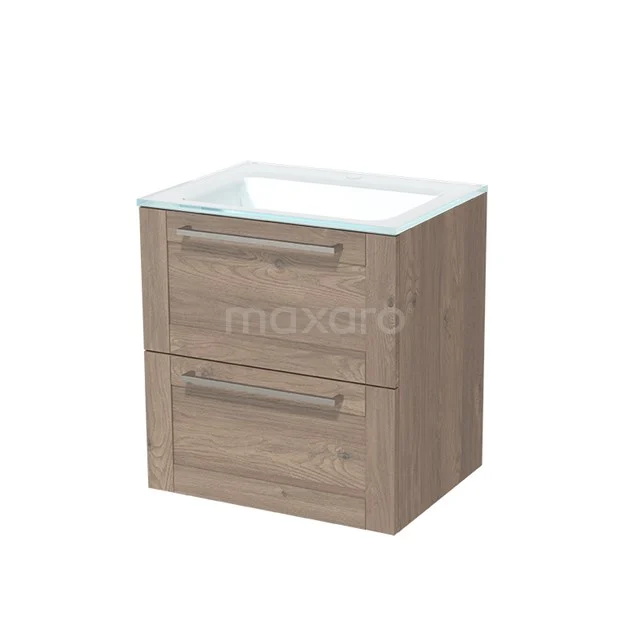 Modulo Bathroom furniture with sink | 60 cm Mid brown oak Frame front Glass 2 Stacked drawers BMW17-00161 Compact wooden vanity units with double drawers and white basin; modern design, ideal for stylish bathroom storage.