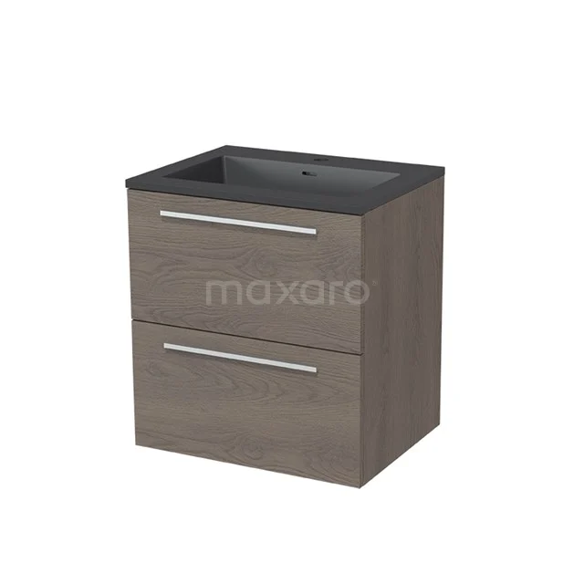 Kompakte Badmöbel mit zwei Schubladen, Holzlook Anthrazit und keramischem Waschbecken; ideal für moderne Badezimmer.