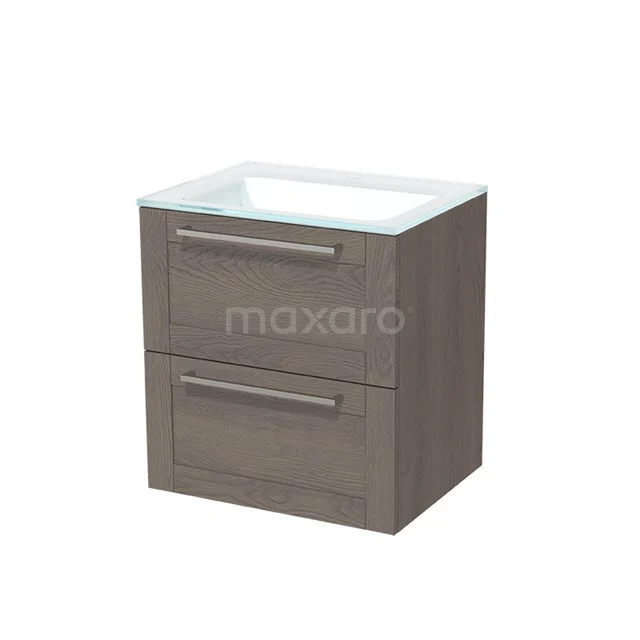 Modulo Bathroom furniture with sink | 60 cm Dark brown oak Frame front Glass 2 Stacked drawers BMW17-00183 Wooden bathroom cabinet with two drawers, walnut finish and white basin, ideal for modern bathroom storage.