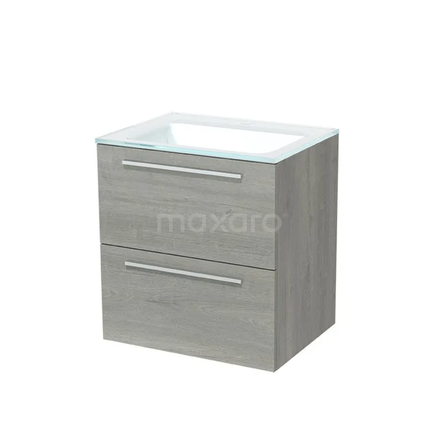 Hanging bathroom unit, grey wood-look, 2 drawers, with white vanity units with basin; perfect for a modern bathroom style.