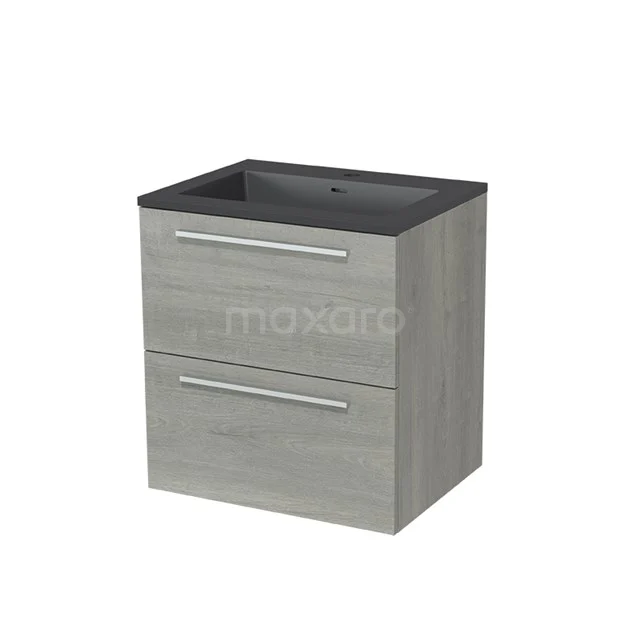 Modulo Vanity units with basin | 60 cm Grey oak Flat front Quartz 2 Stacked drawers BMW17-00198 Modern grey vanity unit with two drawers, wood-look finish and black basin. Perfect for a stylish bathroom.