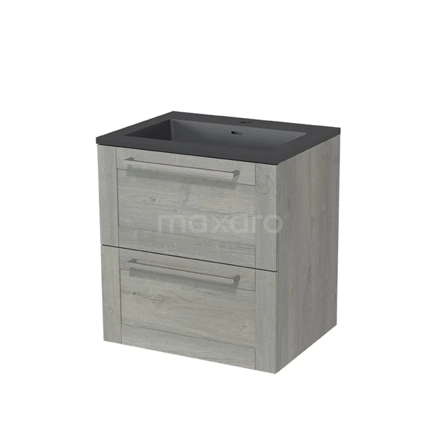 Wooden bathroom unit with grey drawers, black basin worktop and modern design. Ideal for stylish bathroom storage.