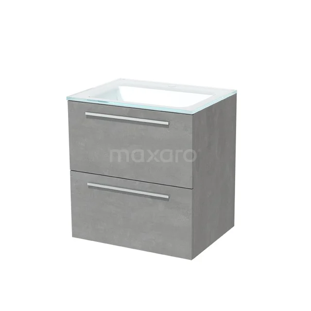 Modulo Vanity units with basin | 60 cm Light grey concrete Flat front Glass 2 Stacked drawers BMW17-00216 Compact grey vanity unit with two drawers, modern design and glazed white top, ideal for a sleek bathroom.