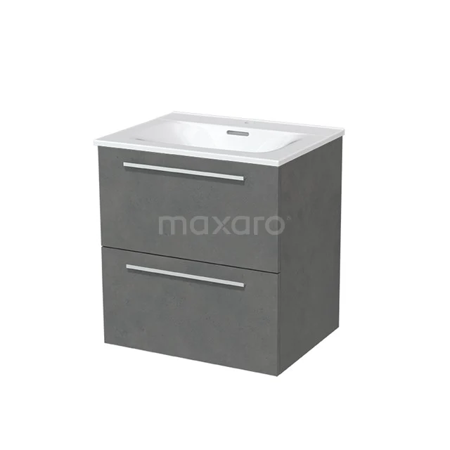 Modulo Waschtische | 60 cm Dunkelgrauer Beton Flach front Keramik 2 übereinanderliegende Schubladen BMW17-00225 Graue Badmöbelset mit zwei Schubladen, integriertem Waschbecken und modernen Metallgriffen.