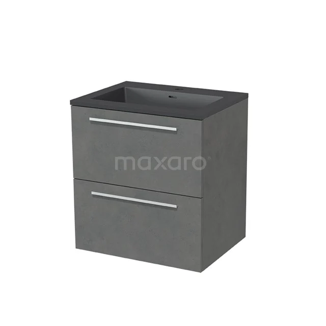 Grey bathroom furniture set with two drawers, concrete-look finish and integrated basin, modern and sleek design.