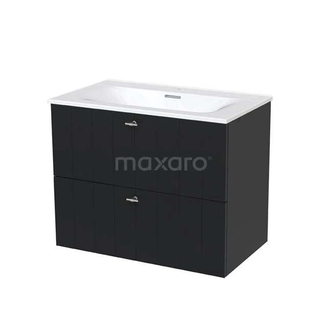 Modulo Waschtische | 80 cm Matt Schwarz Lamelle front Keramik 2 übereinanderliegende Schubladen BMW17-00248 Schwarzes Badmöbel mit keramischem Waschbecken, moderne rechteckige Form und zwei Schubladen, ideal für stilvolle Bäder.